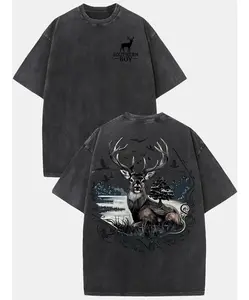 Men's Vintage Southern Boy Buck Deer Forest T-Shirt - Soft Washed Cotton Relaxed Fit Tee with Deer & Southern Print, Casual Round Neck Shirt for Daily Wear, Parties, Machine Washable for all-Season