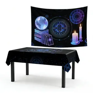 Aesthetic Magic & Astrology Home Decor Kit – Glowing Crystal Ball and Starry Night Backdrop with Coordinated Altar Table Cover, Witchcraft Altar Decor Set: Cosmic Nebula Tapestry and Tablecloth featuring Tarot Cards and Sacred Mandala Symbols