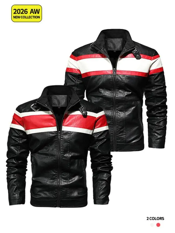 Men's Color Block Stripe Faux Leather Motorcycle Jacket - Menswear Long Sleeve Tops, Stand Collar, Full Zip, Slim Fit Biker PU Coat, Casual Street Outdoor Wear Racing Outerwear