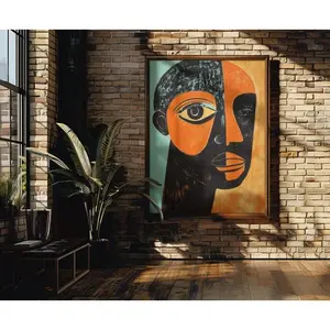 Abstract African Face Art Print | Picasso-Inspired Woodcut Style | Bold Afrocentric Wall Decor in Orange and Black, Wall Decor, Vinyl Poster, Home Decoration, Girl Room Accessories, Office Wall Art