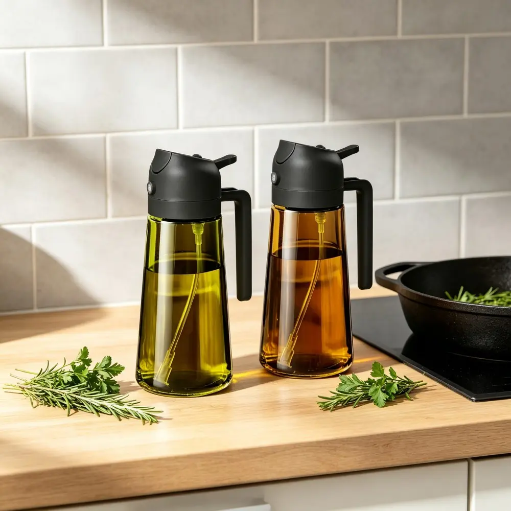 2-in-1 Glass Spray Spout Oil Dispenser Set - Bottle Style Dispensers with Handle, Kitchen Utensils for Cooking Portion Control, Black/Green/White Solid Colors, Ideal Kitchen Gift for Baking, Bottle Style Oil Dispensers