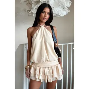 Women Summer Mini Dress Chiffon Backless Draped Short Dresses for Party Vacation