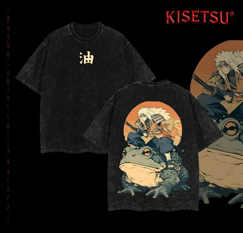 Jiraiya x Naruto Anime Double Printed Vintage Washed Tee Unisex Oversized Anime Manga Washed Heavyweight Soft Cotton T-shirt Gift For Anime Fan, Anime Lover