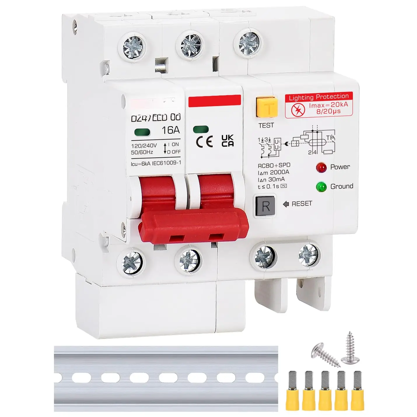 Ground Fault Circuit Breaker with  Surge Arrester Protection, 16 Amp 2 Poles AC 120V-240V, DIN Rail Mount Residual Current Circuit Breaker 16A