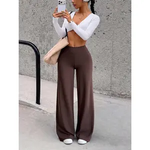 Women's High Waisted Wide Leg Pants, Brown Solid Flare Yoga Pants for Daily Wear and Casual Outfits