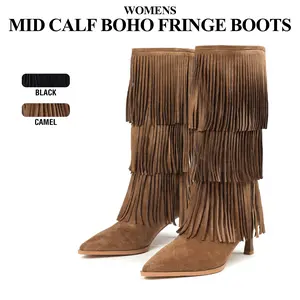 Womens Fringe Tassel Mid Calf Boots Pointed Toe Kitten Heels Fashionable Pull On Comfy Outdoor Party Nighclub Event Spring Western Cowgril Boots