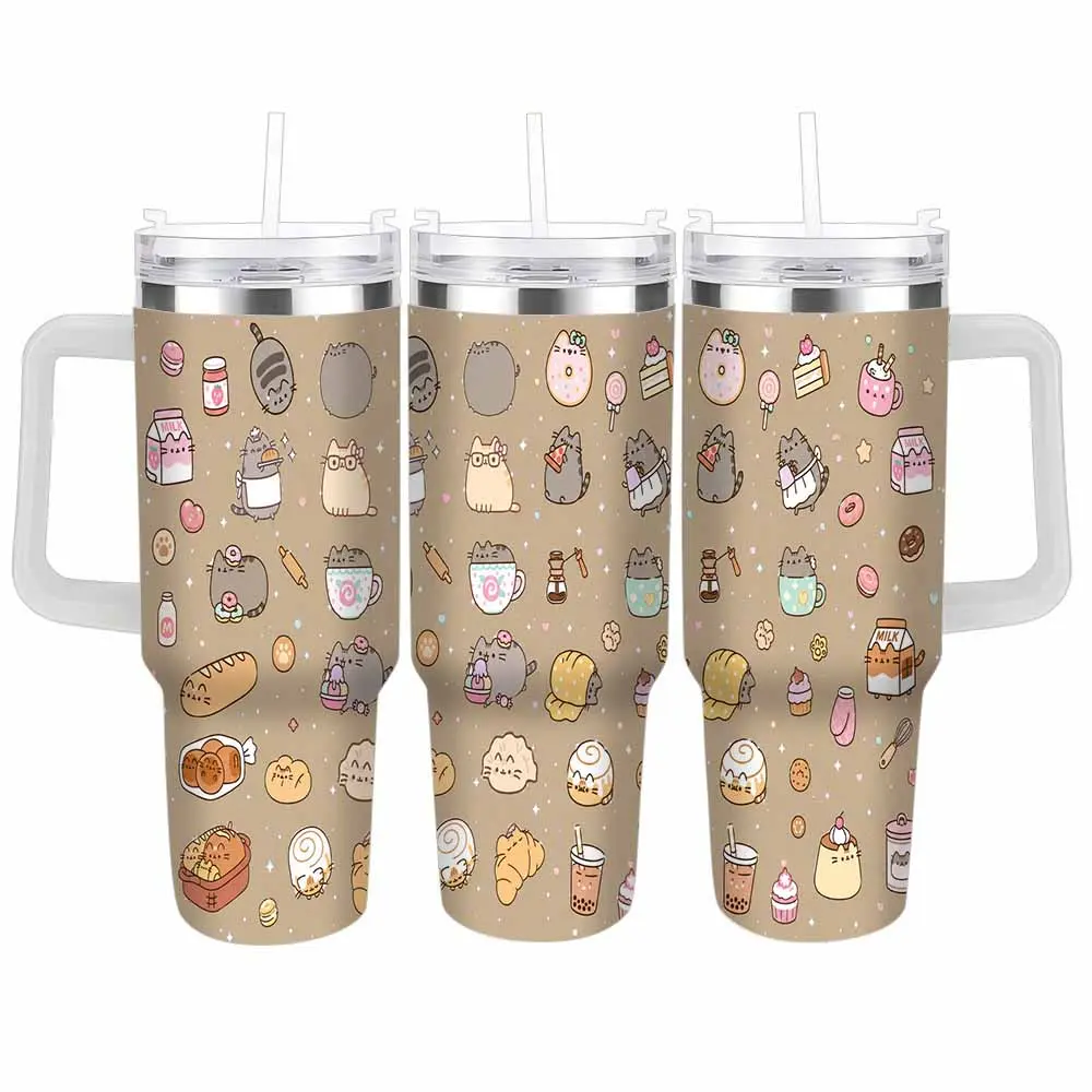 Pusheen Cat Bakery Pattern Vacuum Insulated Stainless Steel Tumbler, 30oz/40oz Drinkware Flask, Leakproof Lid, Cold/Hot Retention, Suitable for Camping/Road Trips, Gift for Cat Lovers, Flasks