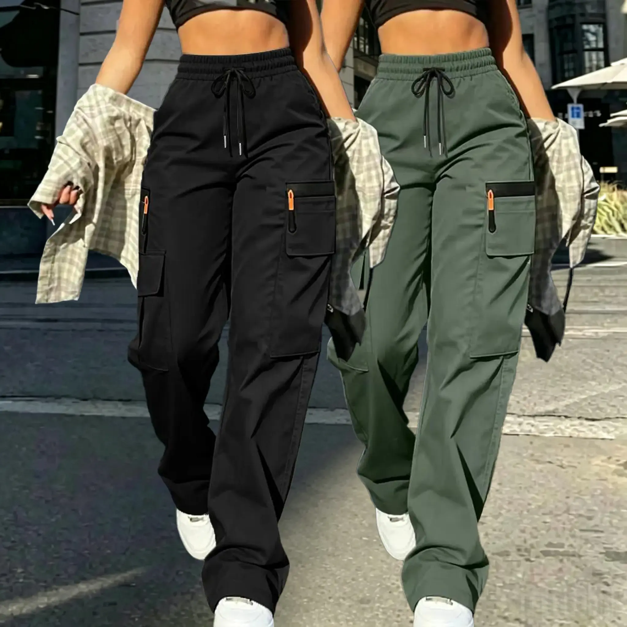 2-pack women’s summer breathable cargo pants—lightweight, quick-drying outdoor casual long pants featuring an elastic waistband, faux zipper detailing, multiple pockets, and an adjustable belt