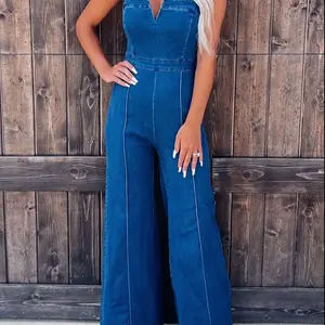 Blue Spaghetti Straps Notch V Denim Jumpsuit