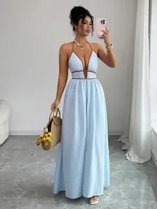 Women's Striped Deep V Neck Backless Sleeveless Dress, Sexy Vacation Style, Elegant Summer Fashion, Perfect for Parties and Casual Wear