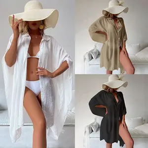 Women's Oversized Beach Shirt, Cotton Bikini Cover Up, Summer Button Down Swimsuit Cardigan