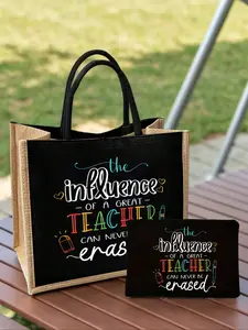 Teacher Letter Printed Linen Handbag with Wallet Makeup Bag, Daily Use, Women's Linen Large Capacity Handbag, Multi-function Shopping Bag, Makeup Storage Bag, Teacher Appreciation Gift, Gifts to Lovers and Friends