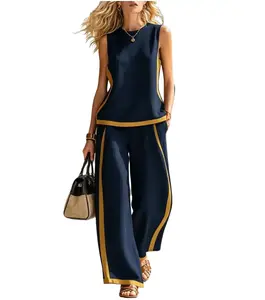 2026 Blend Two Piece Set for Women Sleeveless Color Block Top Wide Leg Pants Set Casual Summer Outfit # Set # WideLegPants # ColorBlock # SummerOutfit # BohoFashion # CasualWear # Outfit of the Day # WomensFashion