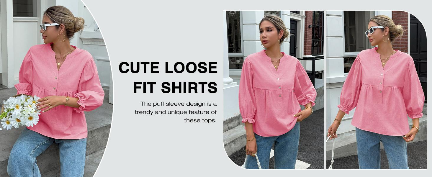 Tankaneo Womens Puff Sleeve Babydoll Tops V Neck Button Down Blouse Cute Casual Loose Fit Flowy Shirts