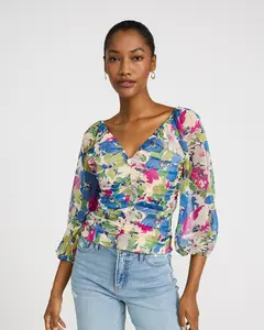 Express Floral V-Neck Ruched Puff Sleeve Smocked Back Top