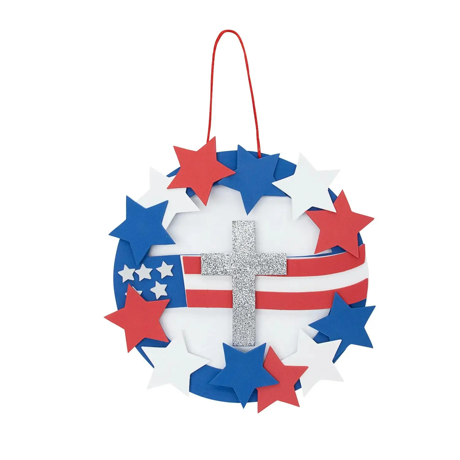Religious Patriotic Kids Wreath Craft Kit - Makes 12, 8 in, Foam & Satin, 4th of July Home Decor Hanging Supplies