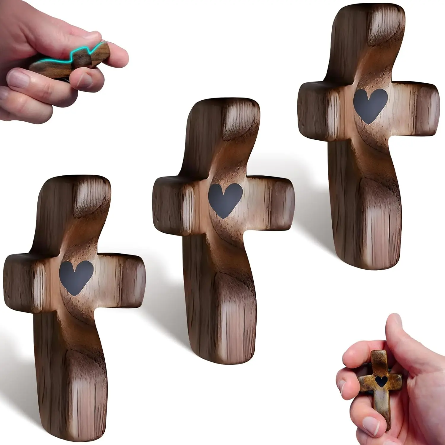 3Pcs Heart Shape Walnut Wood Christian Cross Fidget Toy - Pocket-Sized Stress & Anxiety Relief Tool, Handheld Prayer Aid, Halloween Encouragement Gift, First Communion Favors, Family