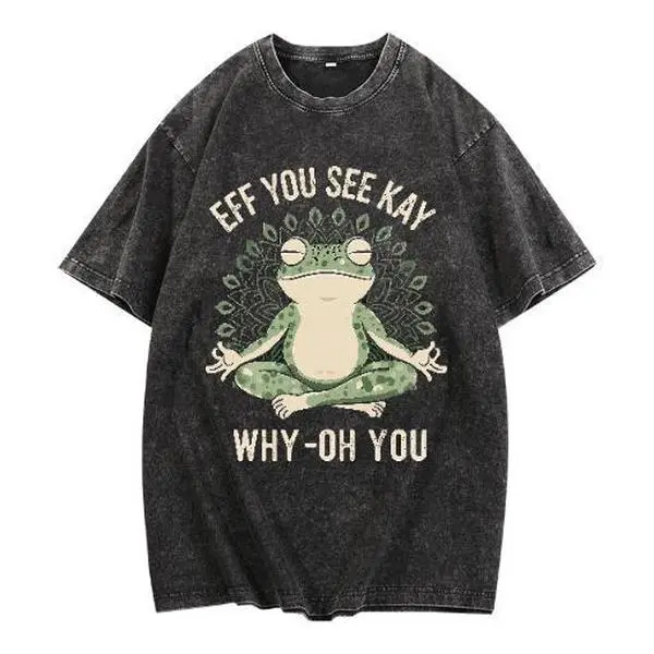 Funny EFF YOU SEE KAY Frog Meditation Graphic T-Shirt.Tee Design with Retro Cream Text and GreenMandala Art,Oversized tshirts for Men&Women