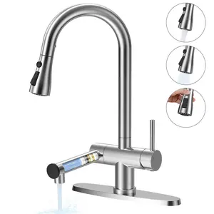 3-in-1 Filtered Pull-Down Kitchen Faucet, Stainless Steel with 3 Water Modes, 45° Switch, Fits 1/3-Hole Sinks,Filtration Removes Chlorine, Lead Impurities
