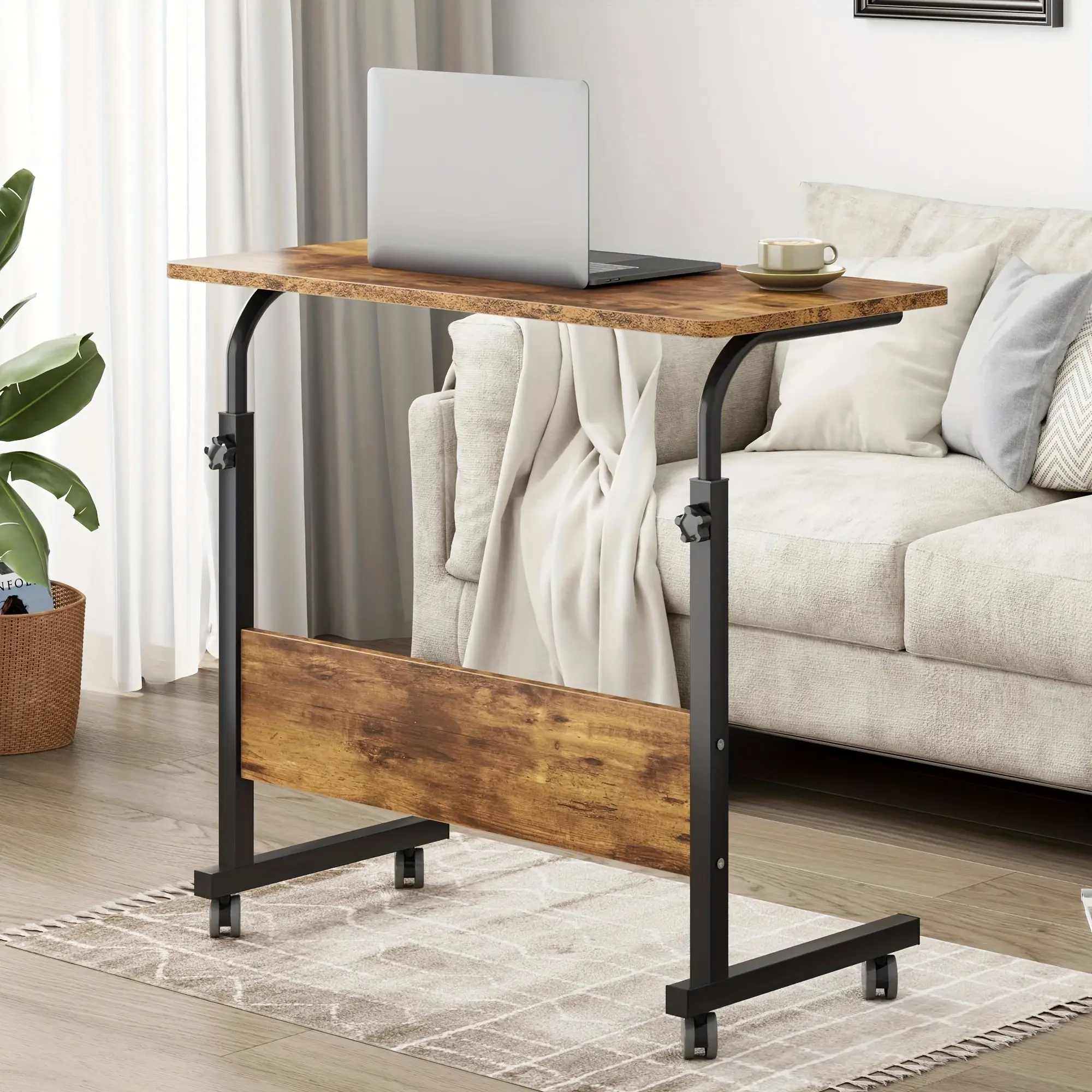 Height Adjustable Wood Metal Side Table - P2 15MM Chipboard & Steel Construction, Baffle, Rolling Casters, Indoor Furniture for Tables & Desks, Wood Metal Table