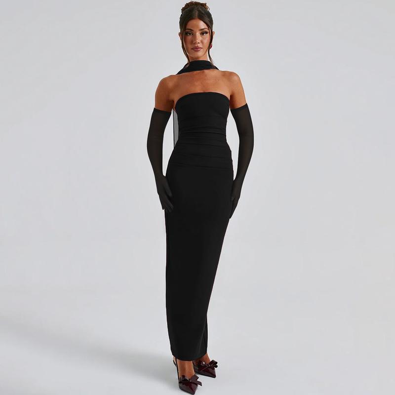 Strapless Mesh Neck Tie Long Sleeve Bodycon Maxi Dress for Women's Summer Sexy Evening Party Club Dating Gown Beach Vacation Dresses Outfits