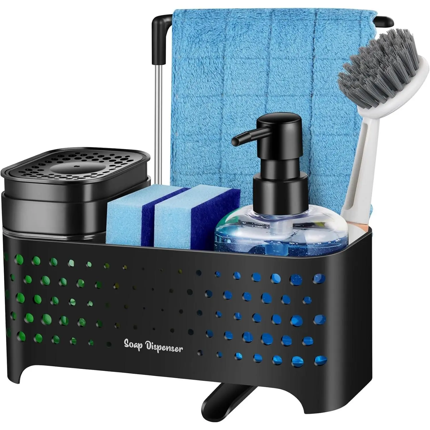 Kitchen Soap Dispenser Set, Sponge Holder for Kitchen Sink, Hand and Dish Soap Dispenser with Sink Caddy - 5-in-1 Design, Non-Slip Drainage Water Kitchen Sink Organizer (Black)