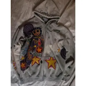 Coraline Graphic Print Grey Zip Up Hoodie Star Pattern Hand Painted Oversized Soft Streetwear Y2K Retro for Women Daily Wear