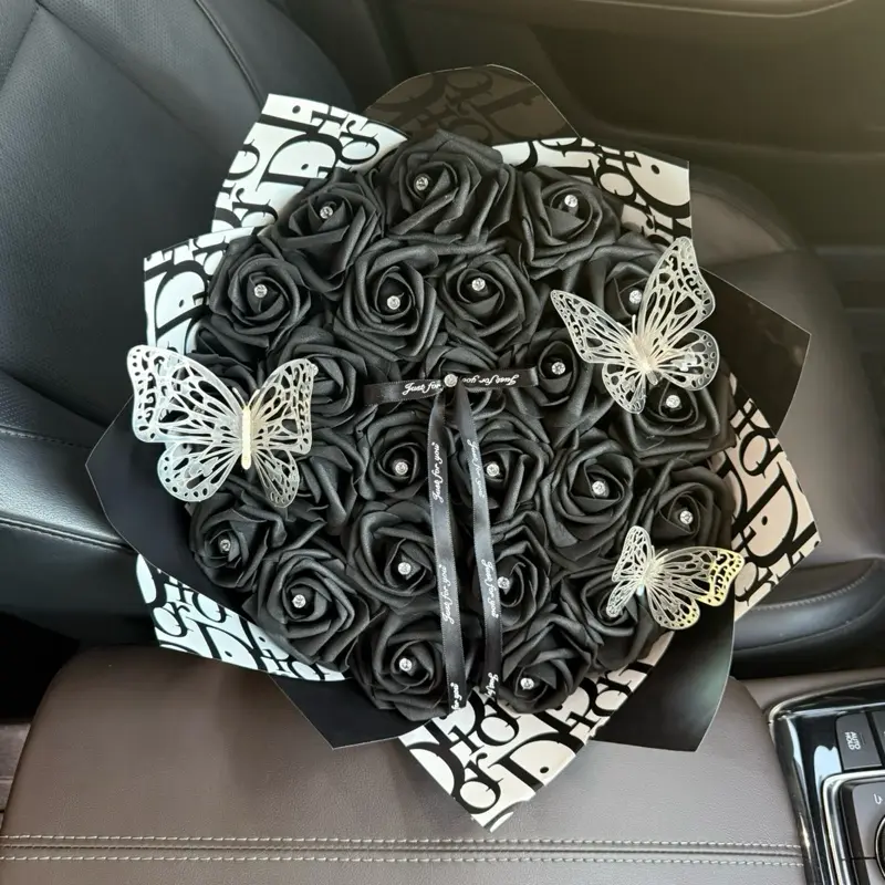 Eternal Midnight Black Artificial Rose Bouquet - Decor Centerpiece, Floral Gift for Anniversaries, Birthdays
