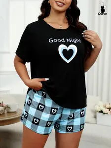 Women's Plus Size Heart Pattern Letter Check Print Knit Pajama Set, Casual Summer Sleepwear Loungewear Homewear, Fitted Short Sleeve Shorts, 2 Piece Pjs