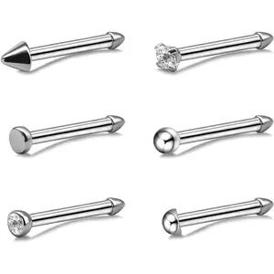 6 count 18G 20G Nose Rings Titanium Nose Piercings Screw with  Stone for Women Nose Rings L-Shaped Nose Studs Set for Women Men