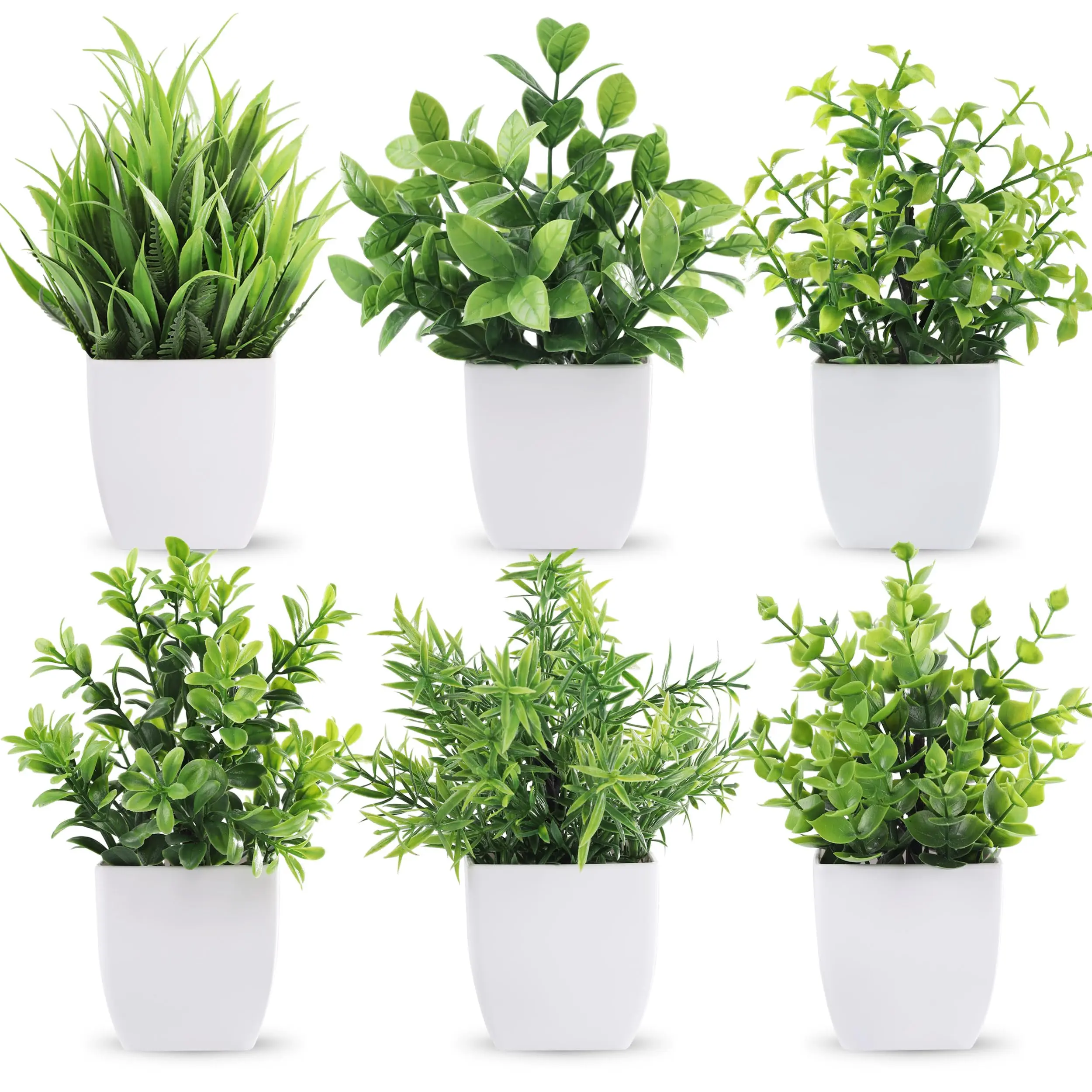 6 Pack Decorative Mini Potted Artificial Eucalyptus Indoor Plants - Handmade Crochet Holographic Ornaments Assortment Set for Home, Office Christmas Gifts - Floral & Plant Decor