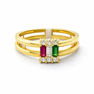 14k Gold Rectangle Three Color Ring with Green Red and White Stones for Special Occasions and Everyday Wear