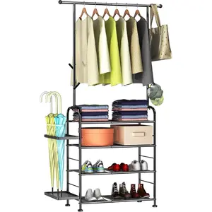 4-Tier Coat Rack with Shoe Storage,Shoe and Coat Rack for Entryway,Cloak Rack and Shoe Rack Entrance,Coat Rack with Umbrella Holder,Hall Tree for Clothes,Shoes,Hats, Bags,Umbrellas (Black)