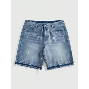 ROMWE MEN Street Life Men's Fashion Rhinestone Decor Denim Shorts Jorts, Summer
