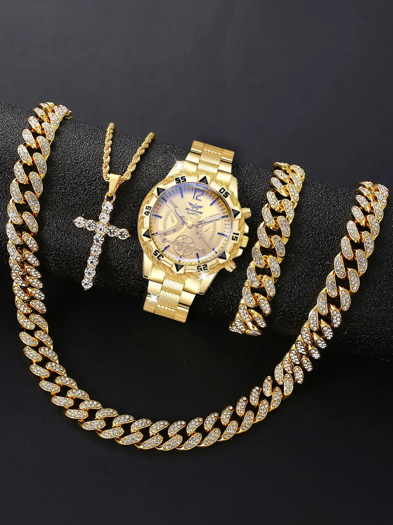 4-Piece Business Luxury Men's Watch Bracelet Set, Fashionable Quartz Watch, Hip Hop Cuban Chain Necklace, Perfect Father's Day Gift, Men Jewelry