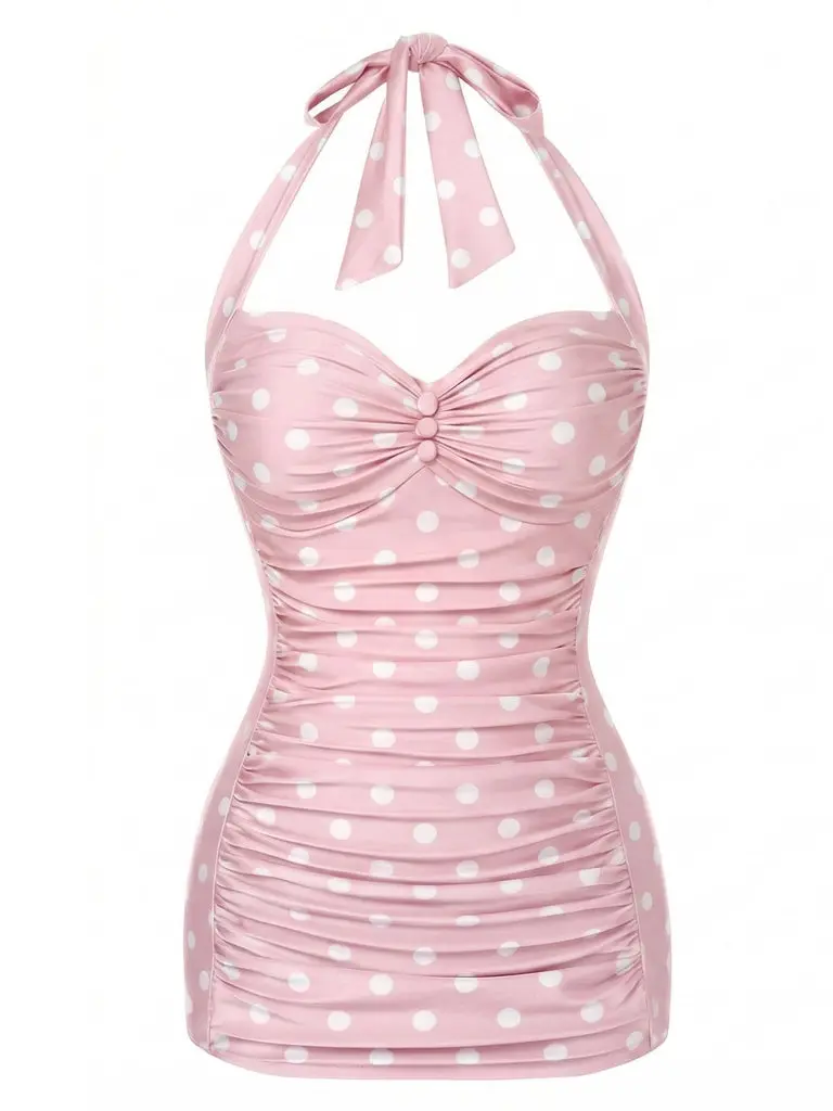 Pink 1950s Solid Polka Dots Gathered Halter Swimsuitsummer outfits beach essentials vacation outfits Onepiece Swimwear tiktokshopbacktoschool BackToSchool