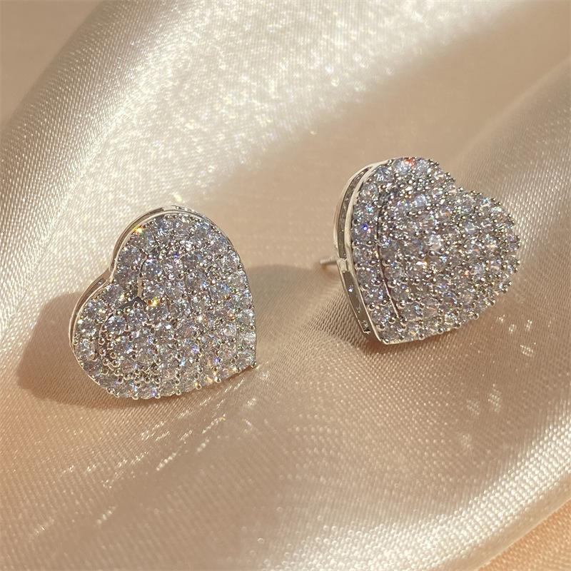 Women's Spring Summer Rhinestone & Heart Stud Earrings As Gift, Luxury ...