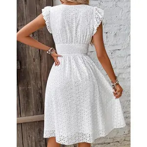 2025 Summer Shirred Waist Surplice Neck High Waist Dress for Women Elegant Ruffle Sleeve Eyelet Embroidery Dresses