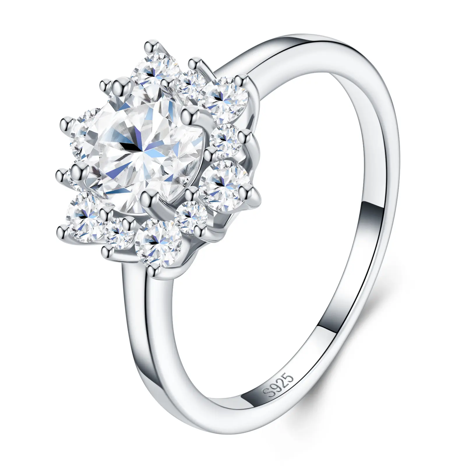 Women's S925 Sterling Silver Classic Round Moissanite Floral Cluster Ring - Sunburst Halo Prong Setting, Polished Band, Special Occasions Wedding Engagement Anniversary Gift