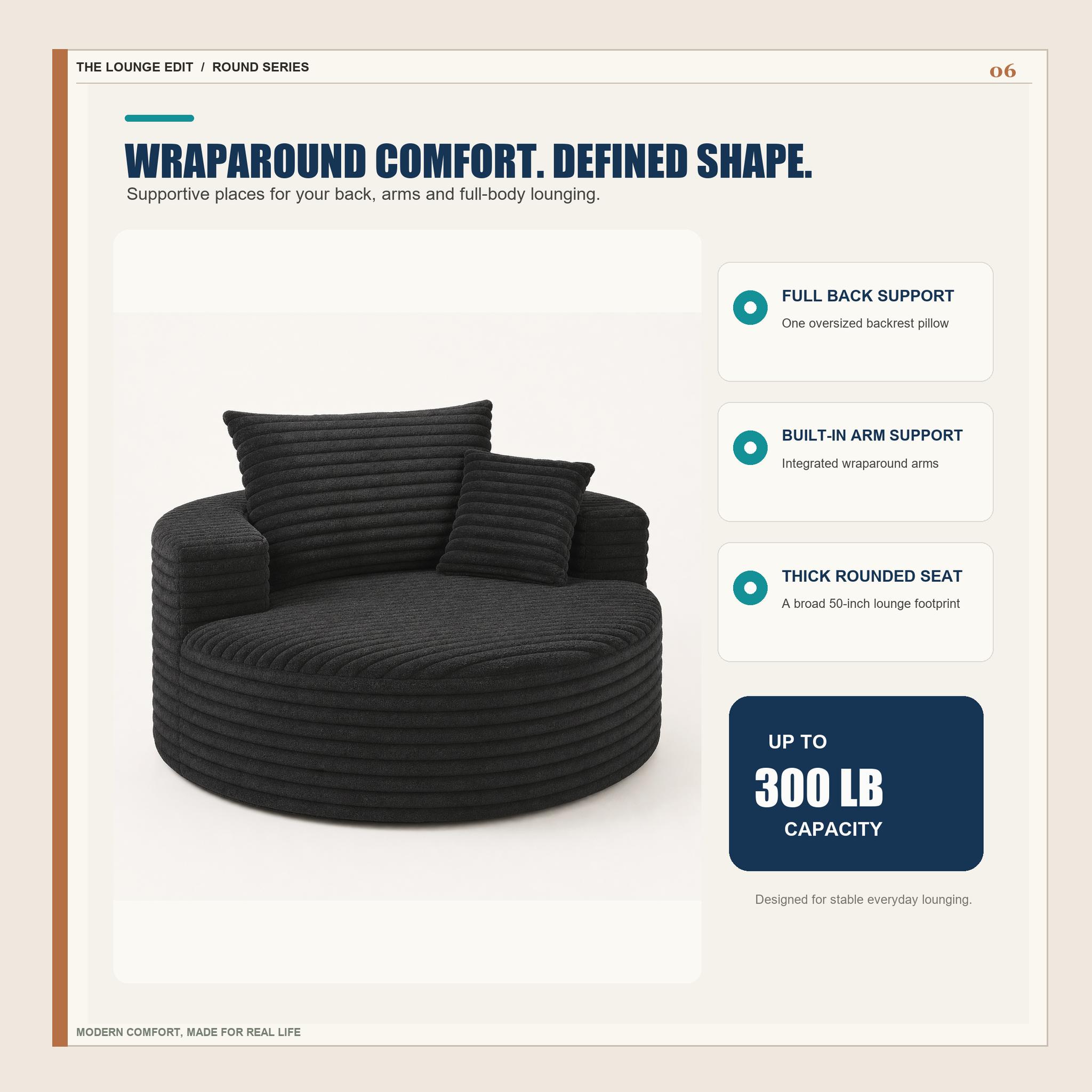 50in Round Lounge Chair Sofa, No-Assembly Compressed Cloud Floor Couch with Deep Seat, Soft corduroy, Backrest & Throw Pillows for Adults, Bedroom and Apartment