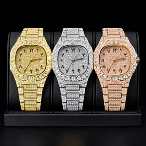 Luxury Brand Men Quartz Watch Fashion Square Hip Hop Big Pointer Diamond Out Sparkling Jewelry Waterproof Stainless Steel Wristwatch Man New