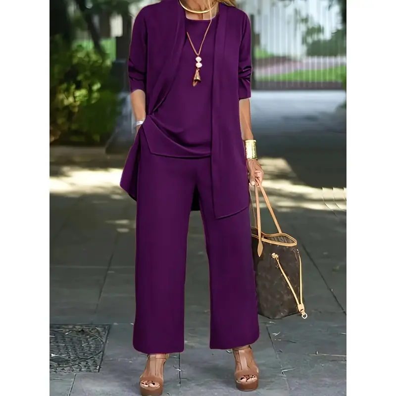 Casual Three-piece Solid Set, Long Sleeve Cardigan & Top & Long Pants Outfits - Women's Clothing - Comfortable & Stylish - Everyday Wear & Loungewear - Perfect Gift Women