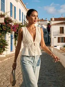 Women's Summer French Textured V Neck Sleeveless Vest, Waist Cinched Tie Hem Ruffle Vacation Top, Casual Loose Fit Blouse, Casual Blouse Shirts, Casual Elegant Top, Casual Classy Fashion, Womenswear