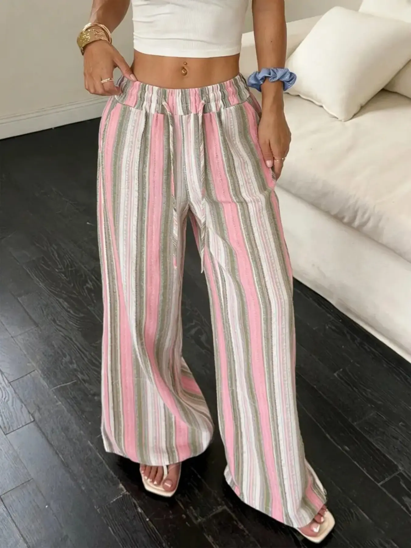 Women's Striped Wide Leg Pants, Casual Daily Wear, Fashion Versatile Pants for All Seasons, Womenswear, Comfortable Loose Lounge Pants, Casual Fashion Comfy