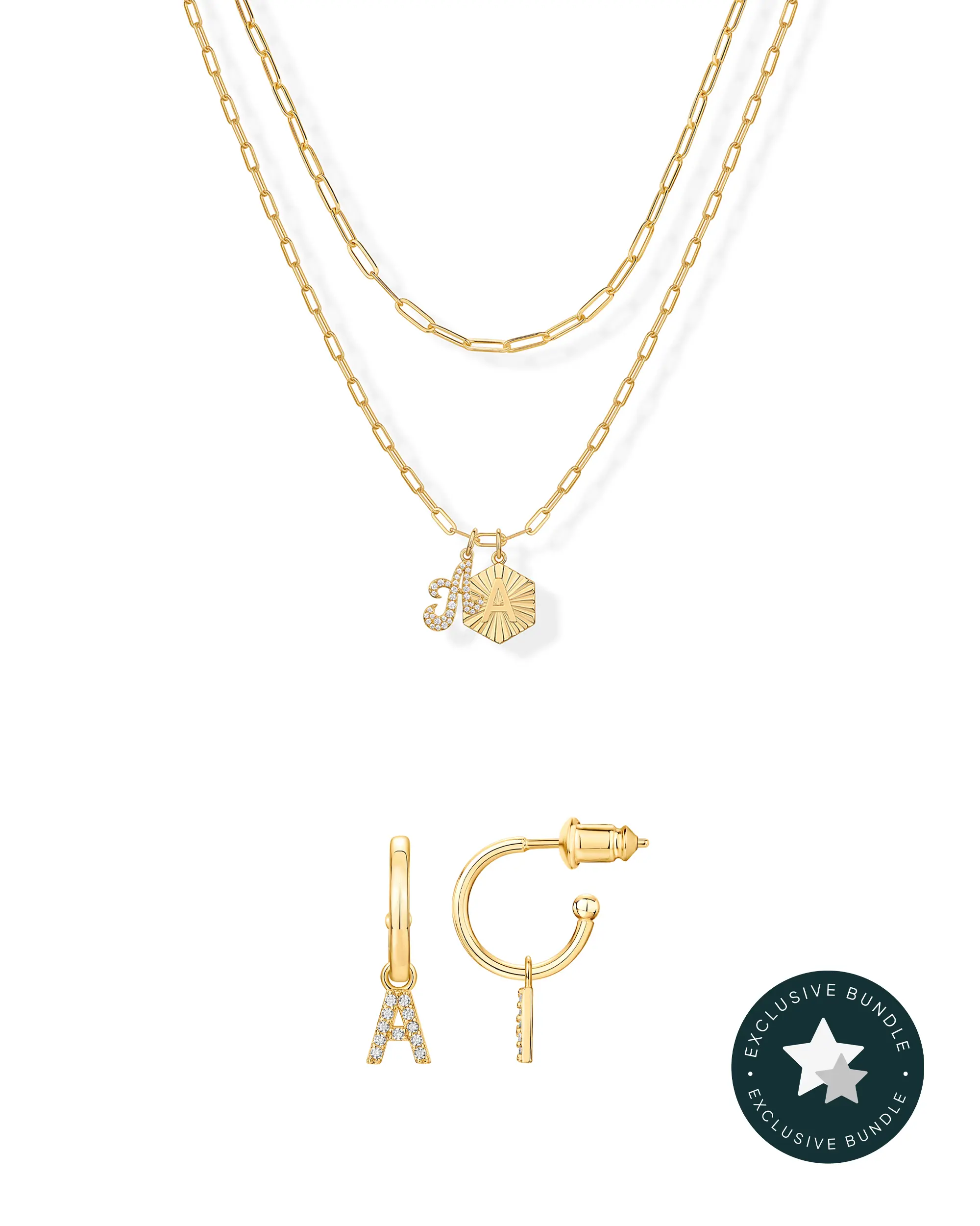 PAVOI 14K Gold Plated Initial Jewelry Bundle for Women – Cubic Zirconia Initial Huggie Hoop Earrings & Hexagon Initial Letter Layered Paperclip Necklace - Tiktok Bundle