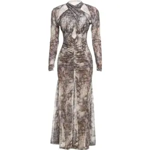 Women's Chic Snake Print Halter Neck Dress - Sexy Backless Bodycon Midi, Silk Fabric, Slim-Fitting Cut, Khaki Color, Elegant Party Wear