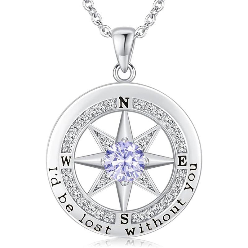 Personalized 12 Birthstone Compass Necklace | 925 Sterling Silver with Gold/Rose Gold/White Gold Plating + Zircon, Birth Month Jewelry for Women, Ideal Birthday Gift