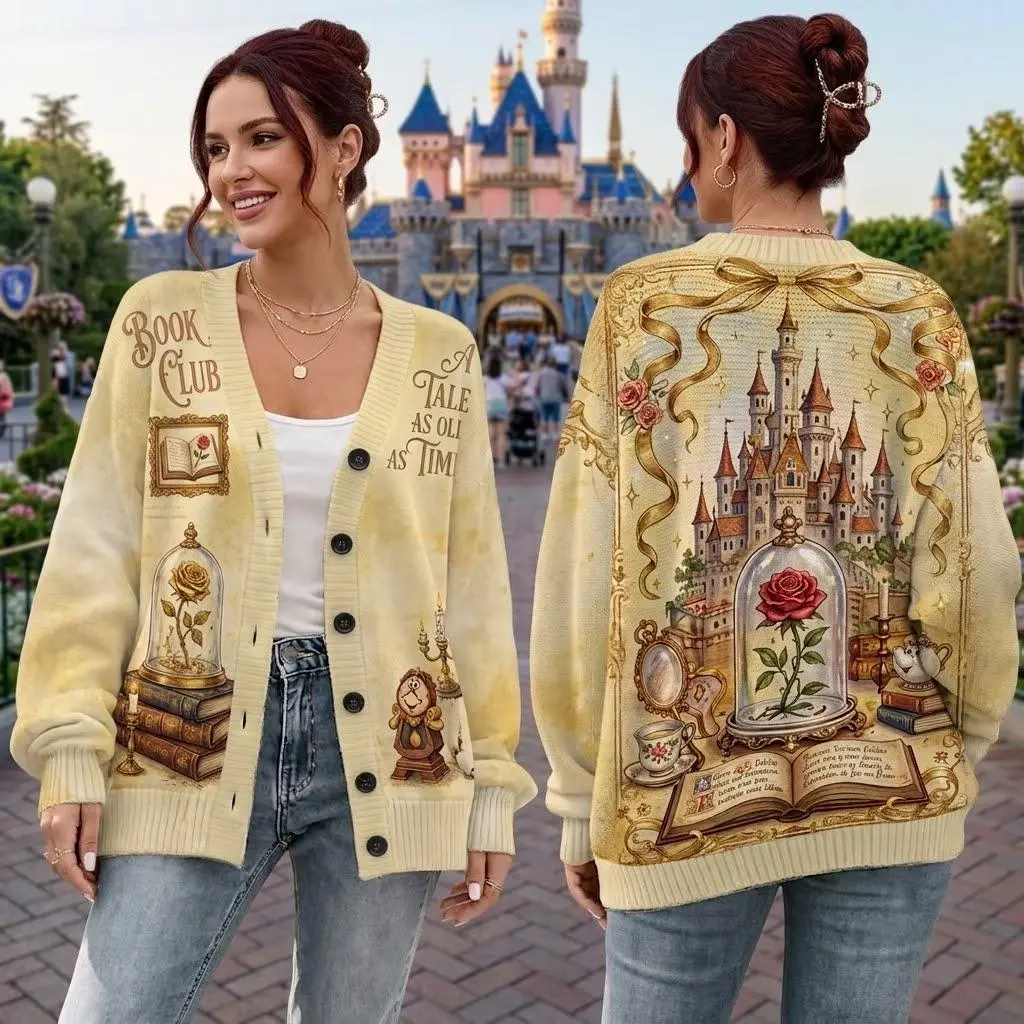 Beauty And The Beast Cardigan, HG Book Club Knit Sweater, Belle Princess, Gift For Movie Fans, Retro Castle Theme Knitwear