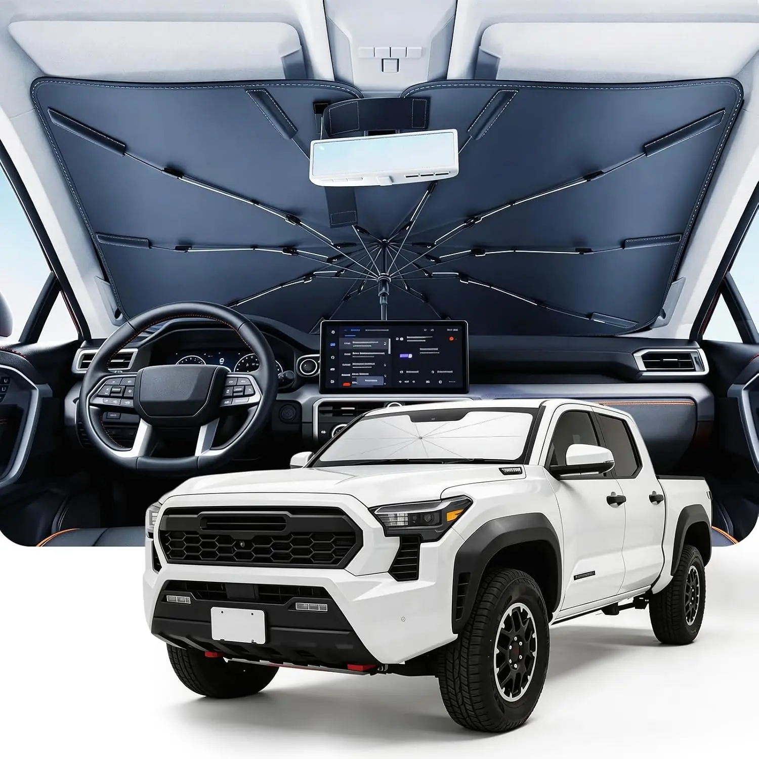 Umbrella Windshield Shade - Large UpgradedReflective Folding Pop-Up Protector, 99% UVA-UVB Uv Block Front Window, Heat BlockingInsulation Cover for Sedan SUV, Portable SummerAutomotive Interior Accessory, Sun Shades for CarWindows