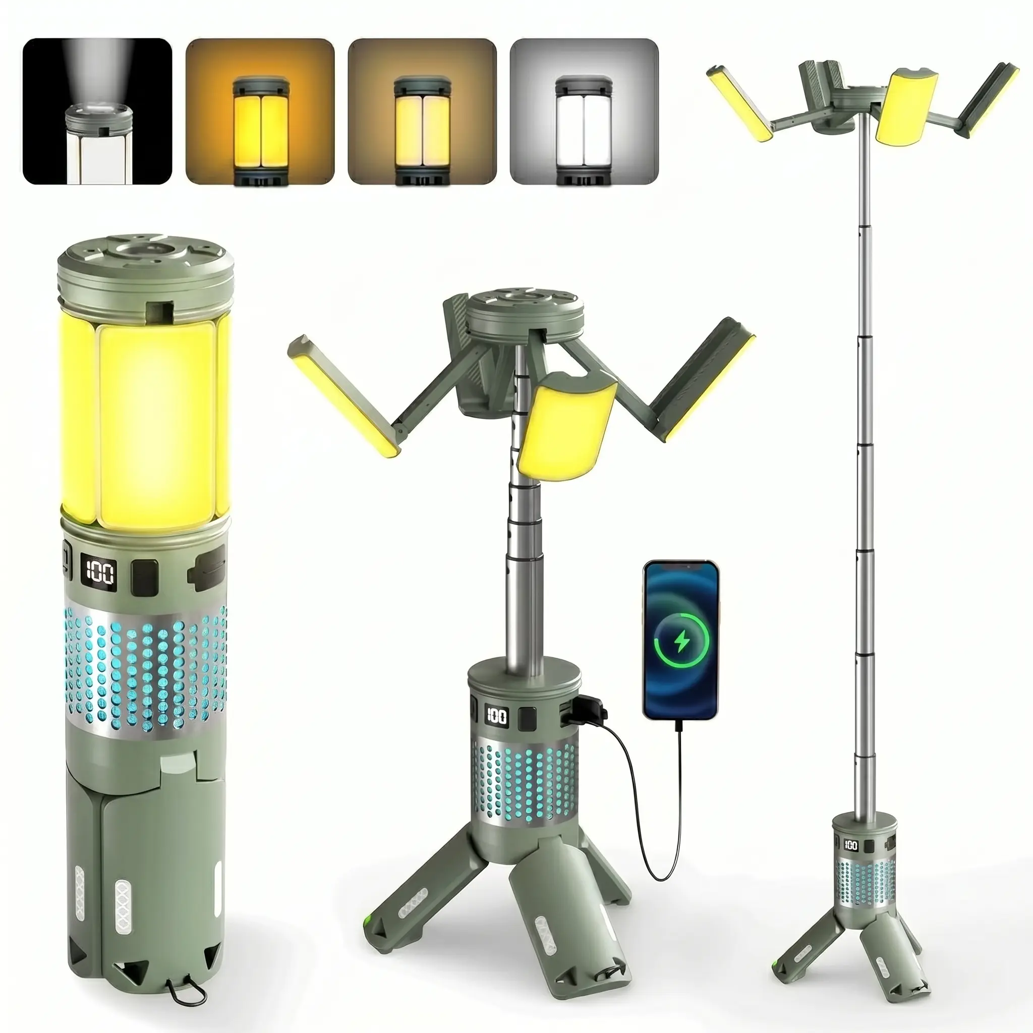 Rechargeable RGB Camping Lantern with Telescopic Tripod, Foldable Aluminum Alloy Body, Magnetic Base, 12000mAh Batteries, Outdoor Flashlight for Hiking, Father’s Day & Birthday Gifts, Usb Rechargeable Flashlight, Emergency Lantern, High Power Flashlights